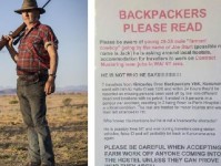 The poster warning of a mysterious man calling himself “’Joe Sturt’ whom local hostel owners compared to Mick Taylor, the murderous villain of Wolf Creek.